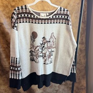 Beige Brown Western Graphic Sweater